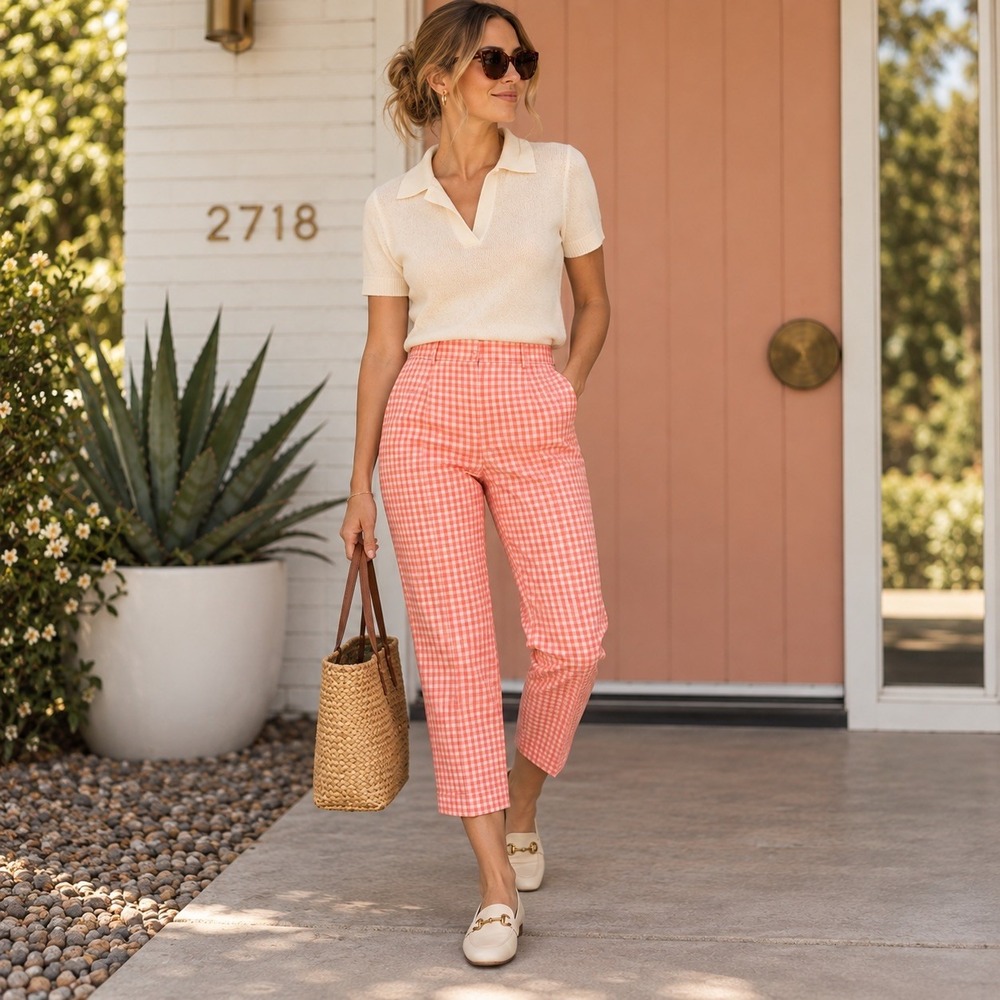 Ann Taylor LOFT Gingham Silk Cropped Pants Womens 6P Pink White Ankle Trousers